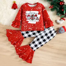 2 Pieces Set Baby Kid Girls Christmas Letters Cartoon Tops And Checked Pants Wholesale 23112812