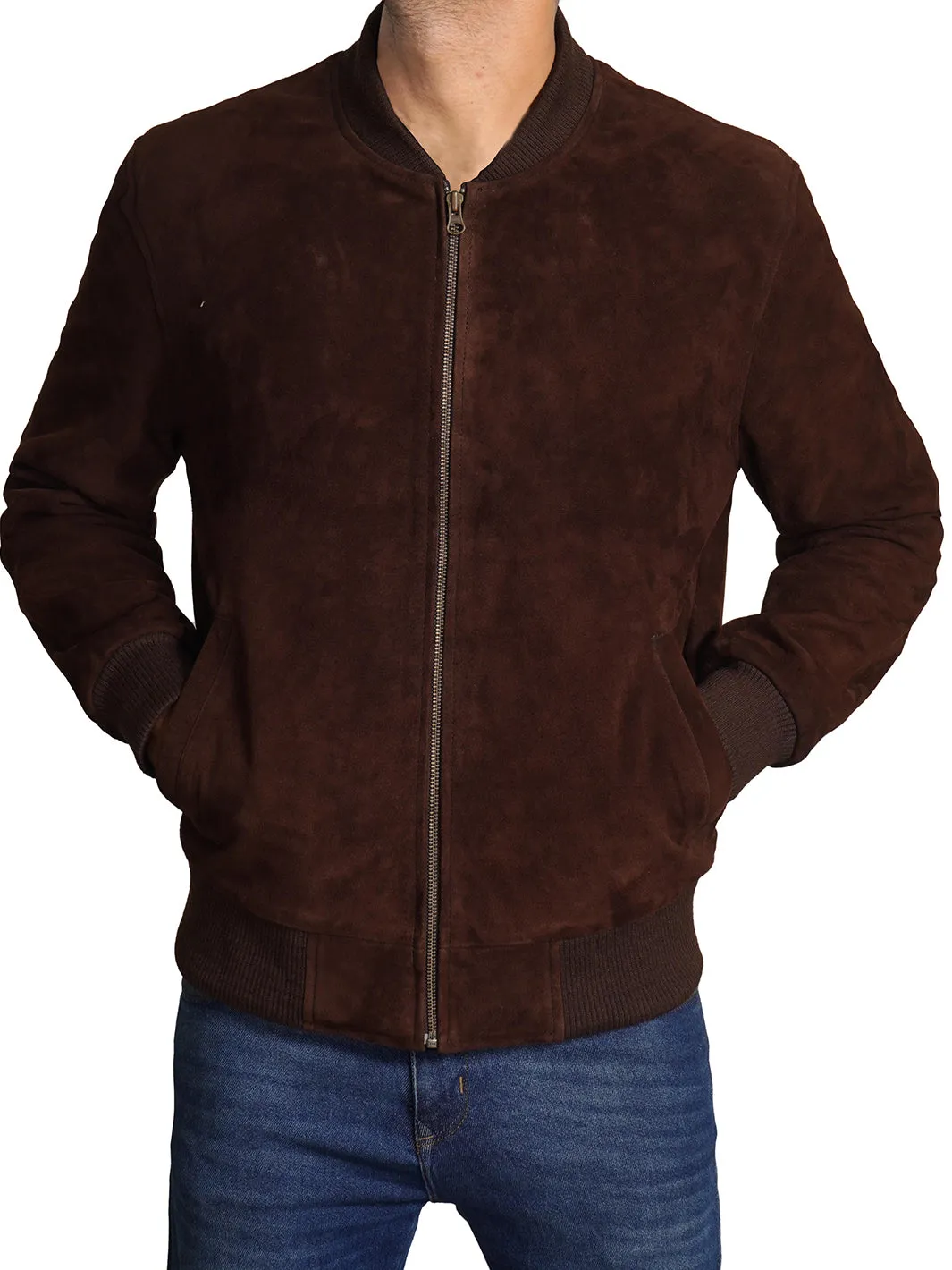 Adamsville Mens Dark Brown Suede Leather Bomber Jacket