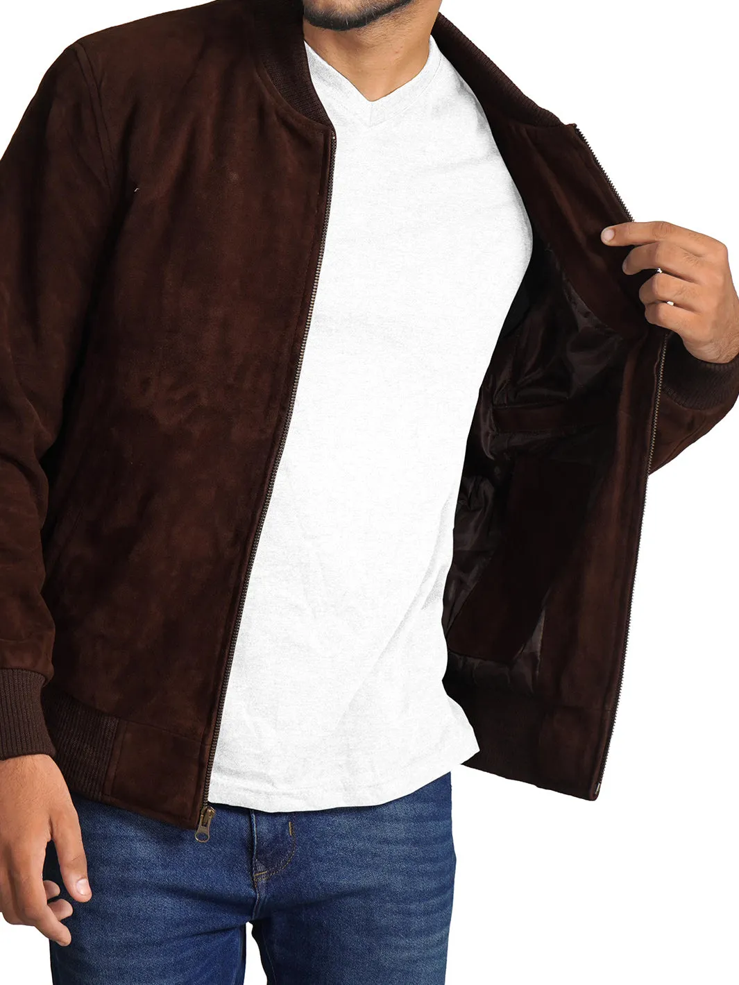 Adamsville Mens Dark Brown Suede Leather Bomber Jacket