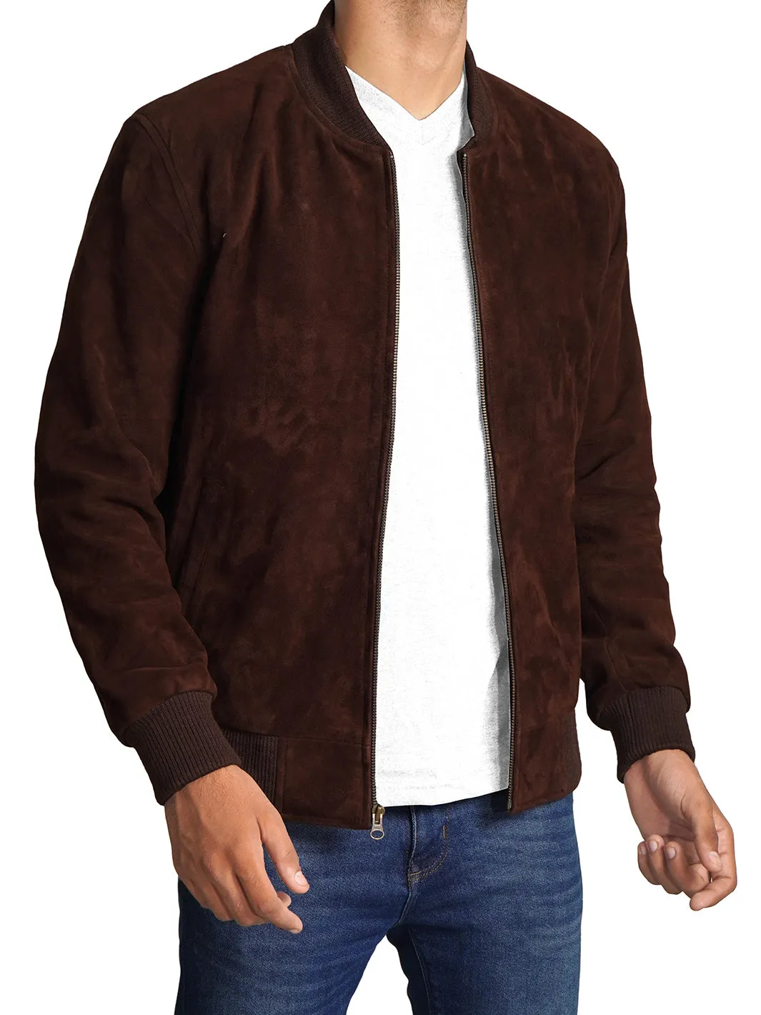 Adamsville Mens Dark Brown Suede Leather Bomber Jacket