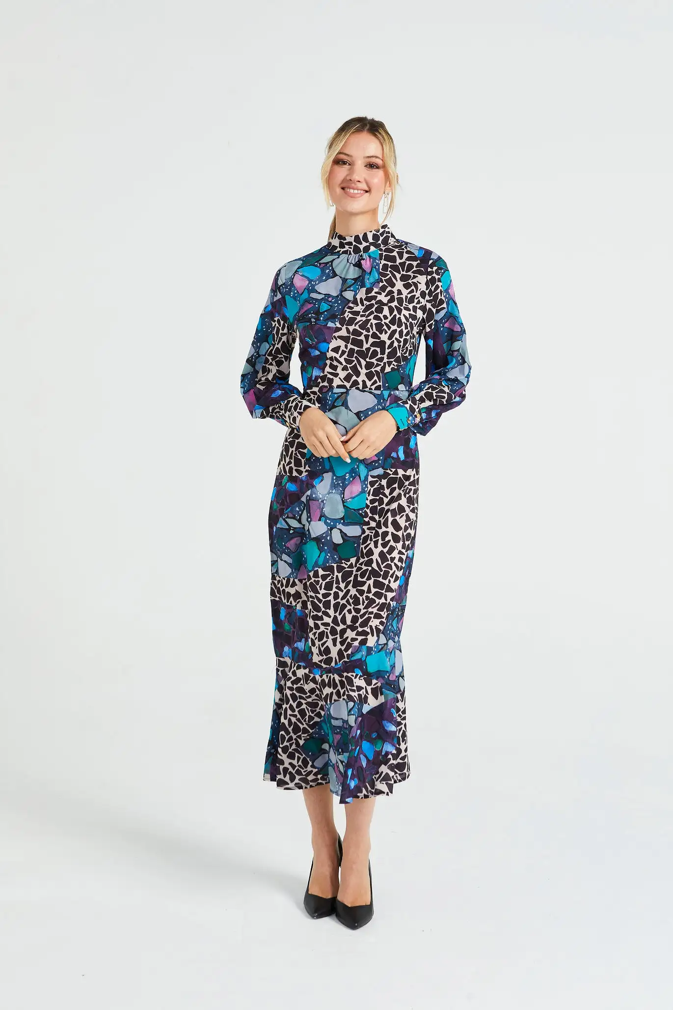 Angeleye Multi Print Long Chiffon High Neck Tea Dress