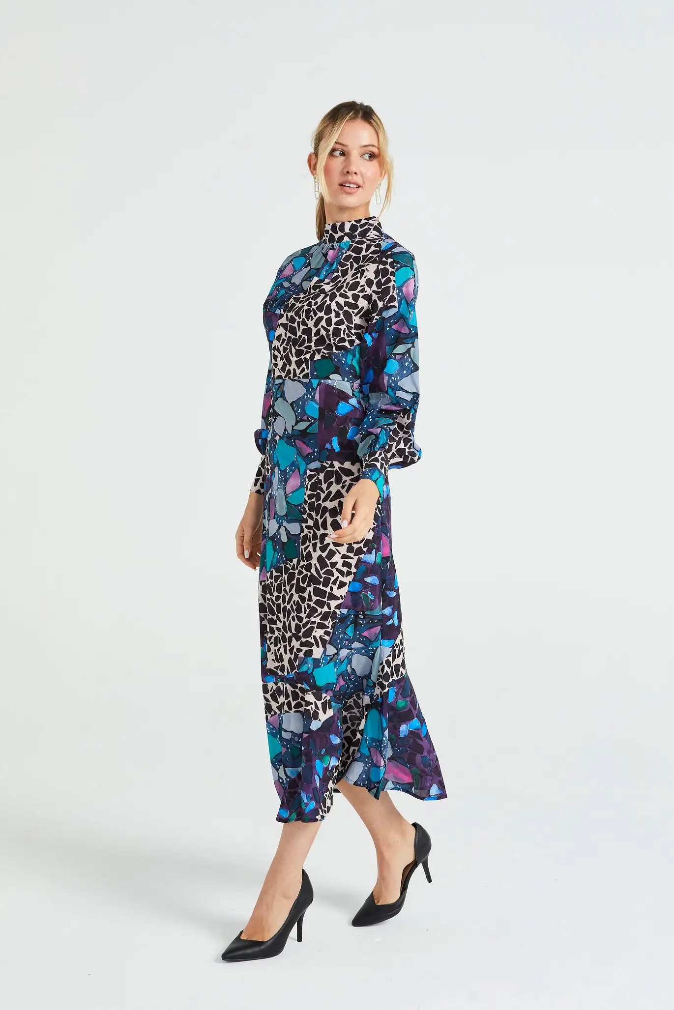 Angeleye Multi Print Long Chiffon High Neck Tea Dress