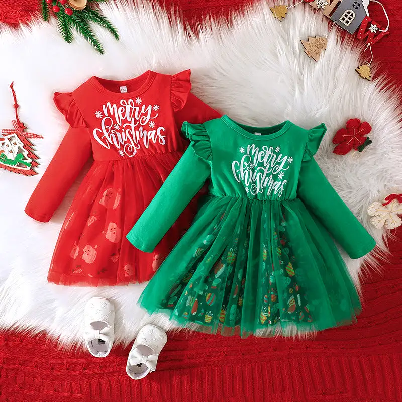 Baby Kid Girls Letters Cartoon Print Christmas Dresses Wholesale 23101536