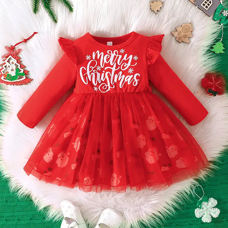 Baby Kid Girls Letters Cartoon Print Christmas Dresses Wholesale 23101536