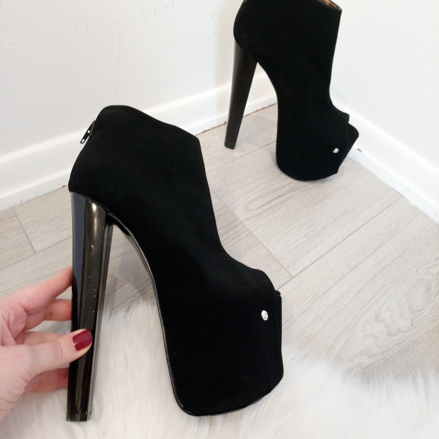 Black Faux Suede Peep Toe Platform Booties