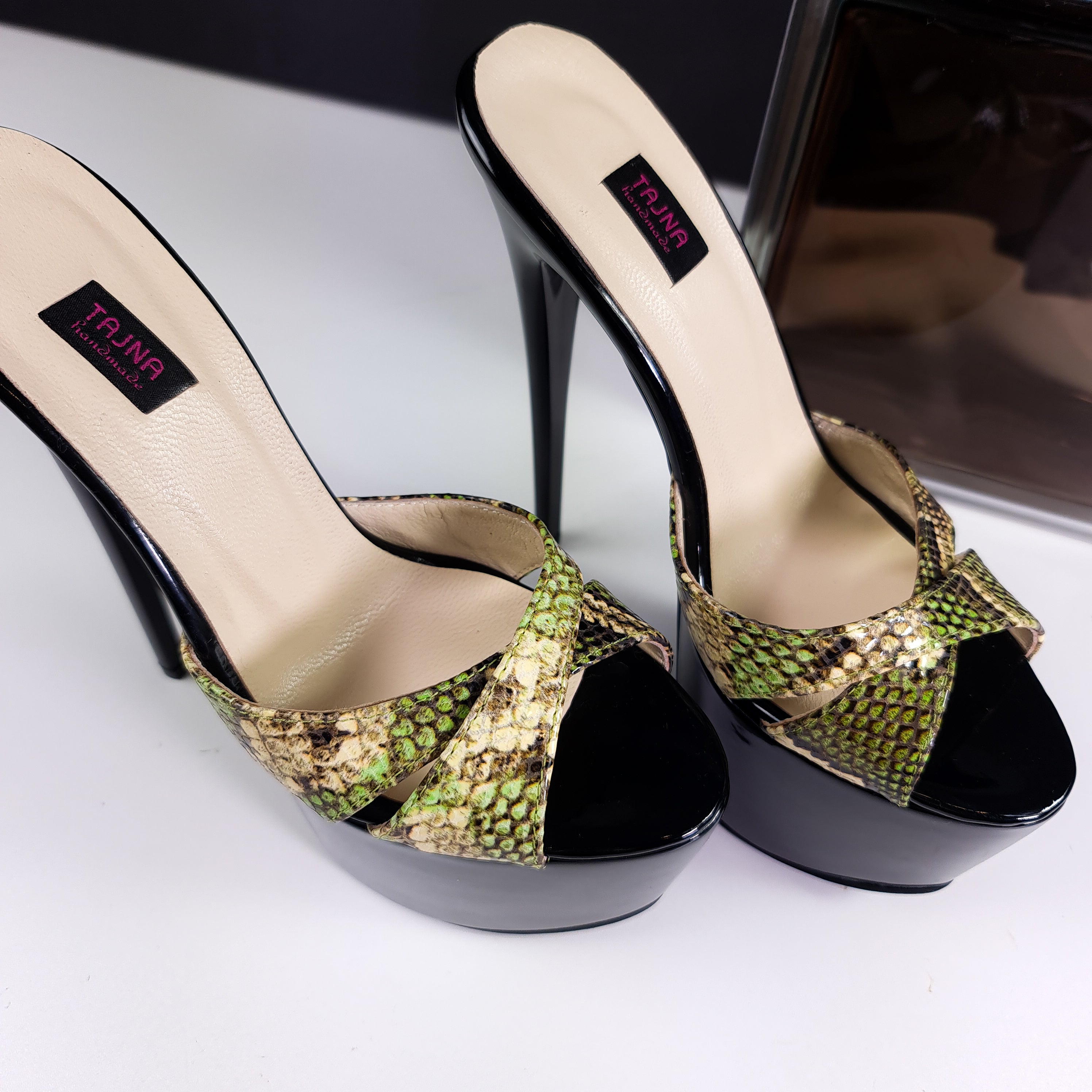 Black Gloss Exotic Print Leather High Heel Mules