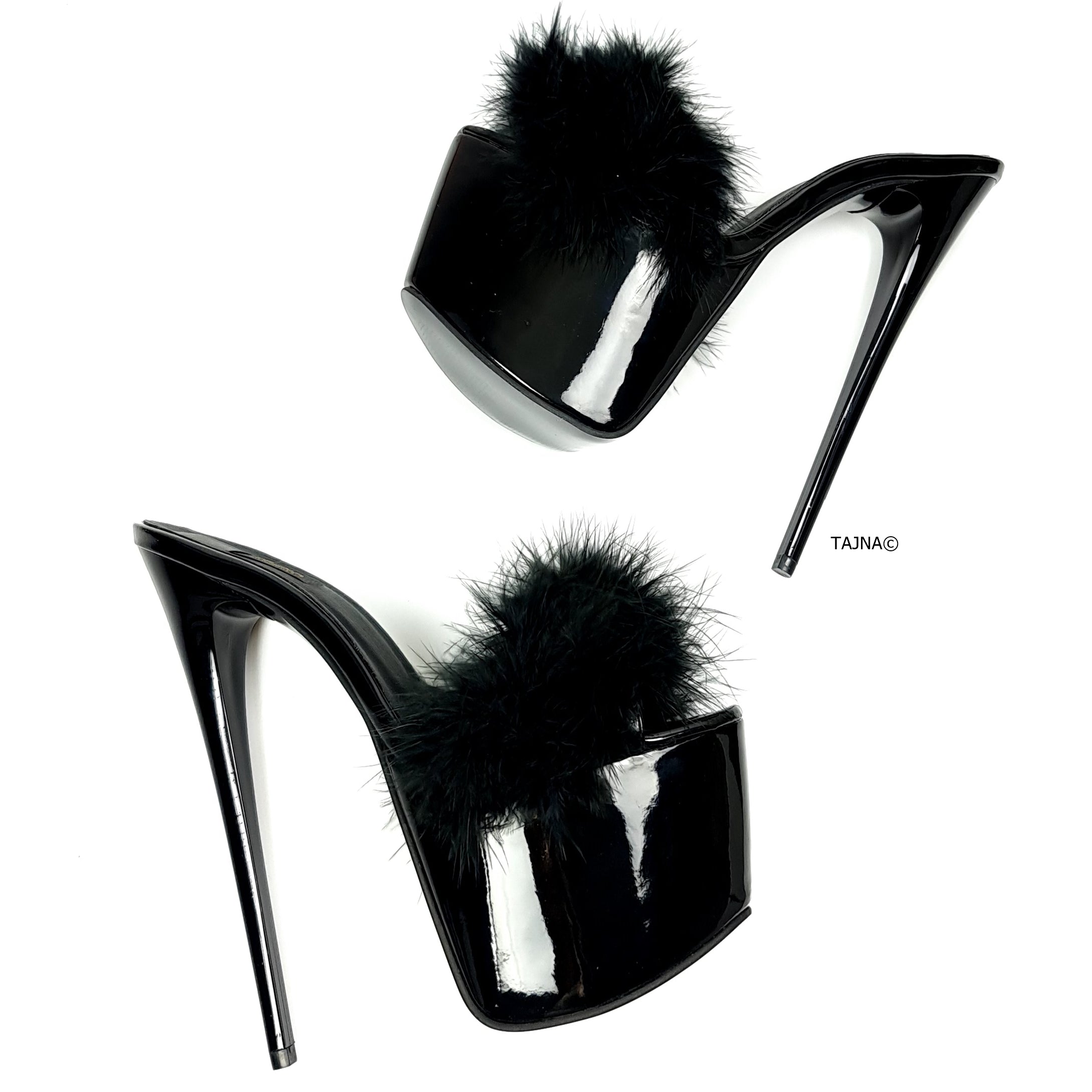 Black Gloss Furry High Heel Mules