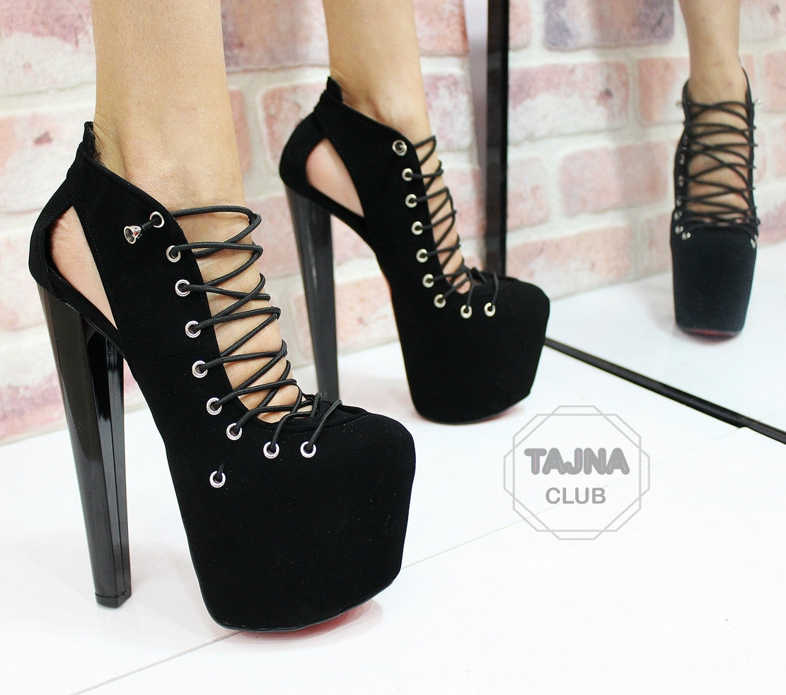 Black Lace Up Designer High Heel Platforms