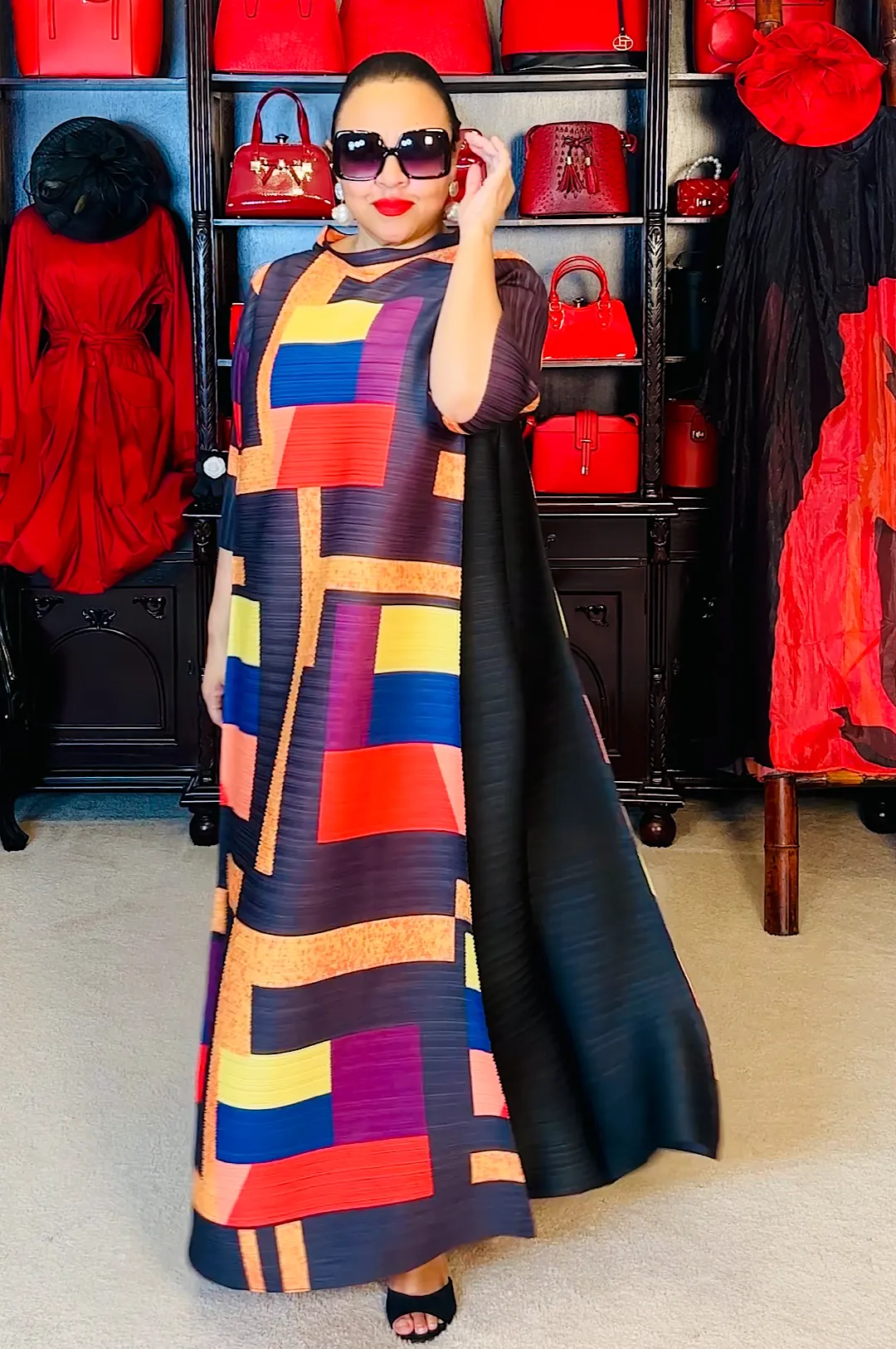 Black Multi Color Micro Pleated Dress