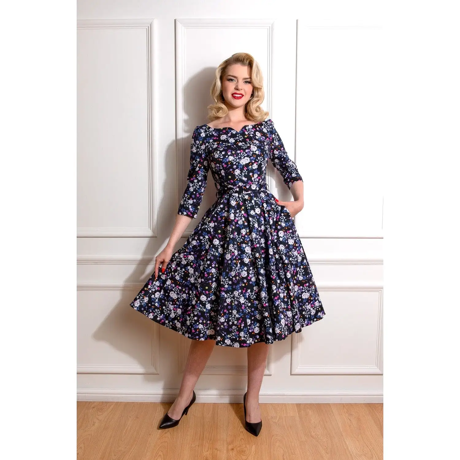 Black Multi Floral Print 3/4 Sleeve 50s Swing Dress