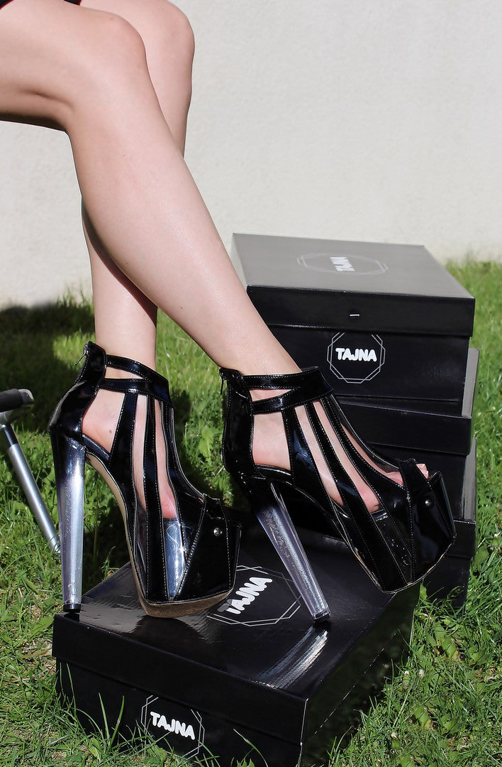 Black Stripe Transparent Peep Toe Glassy Heel Platforms