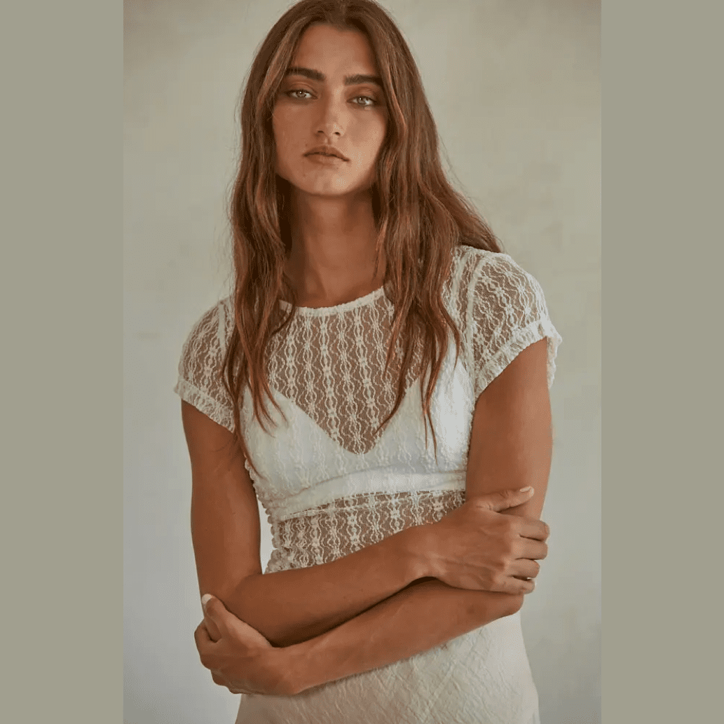 By Together Lace Side Ruched Short Sleeve Top in Ivory