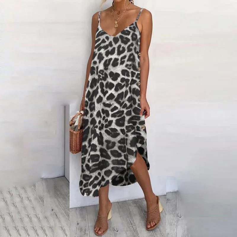 Celmia Bohemian Leopard Print Irregular Midi Dress