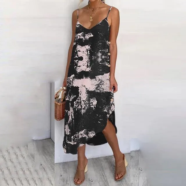 Celmia Bohemian Leopard Print Irregular Midi Dress