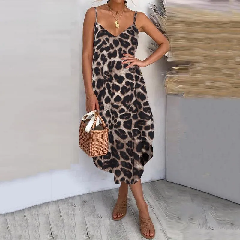 Celmia Bohemian Leopard Print Irregular Midi Dress