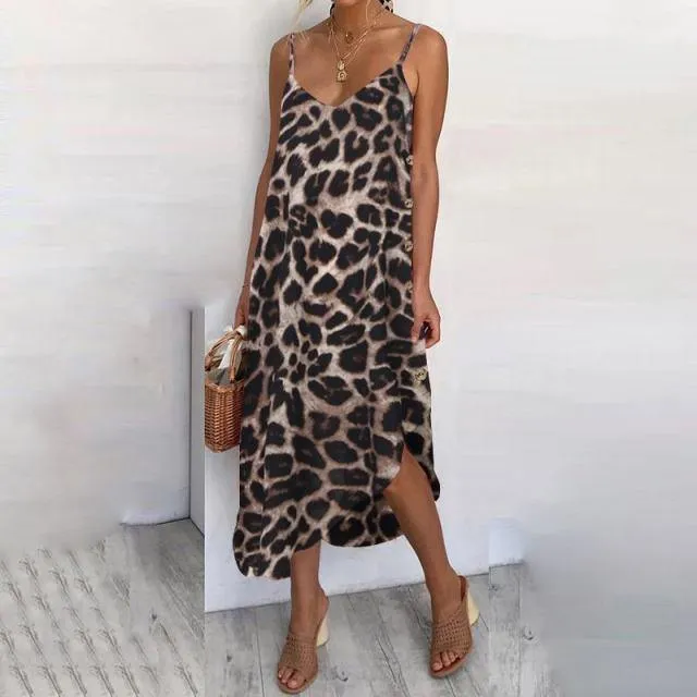 Celmia Bohemian Leopard Print Irregular Midi Dress