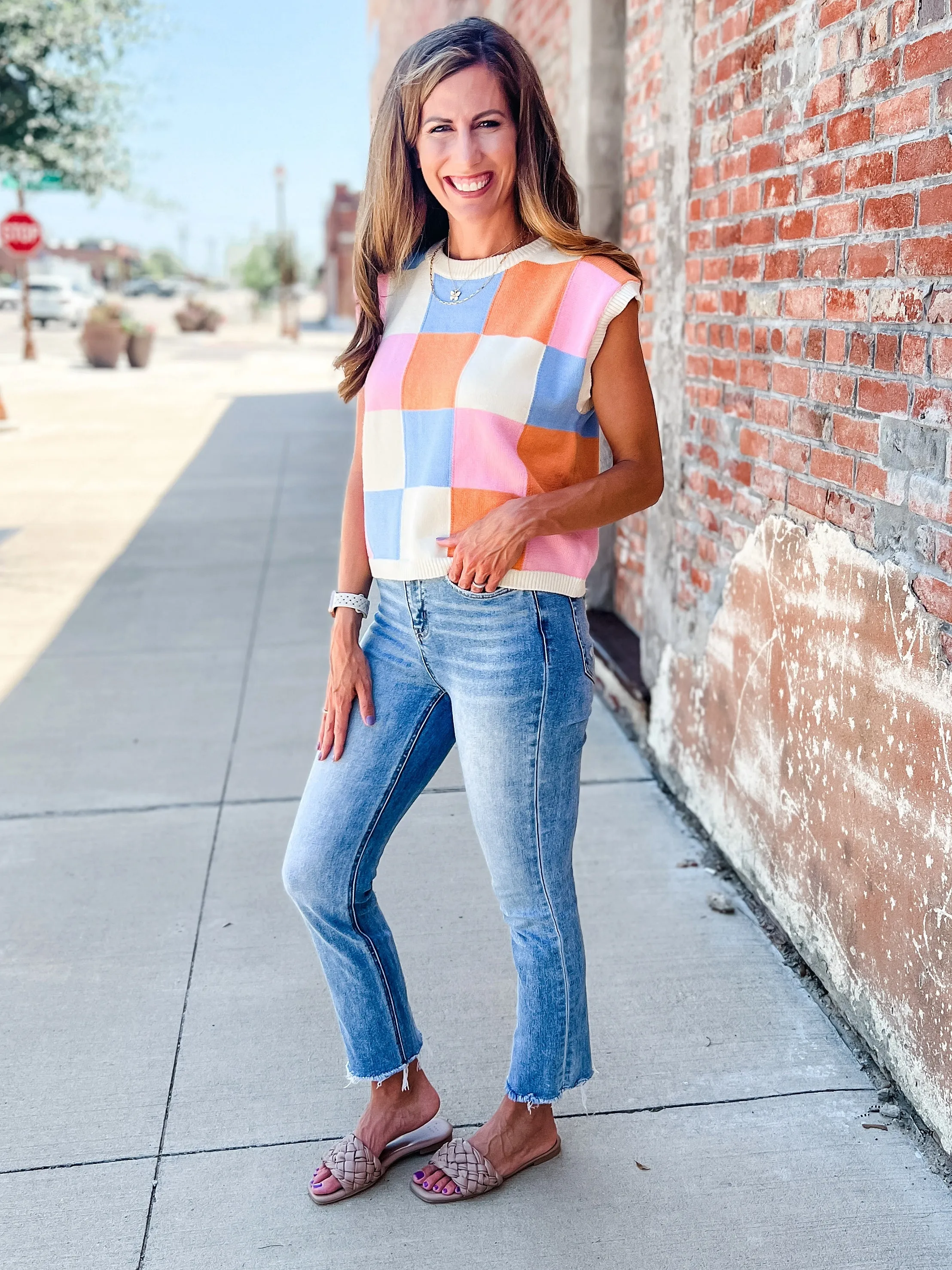 Checkered Around Color Block Sweater