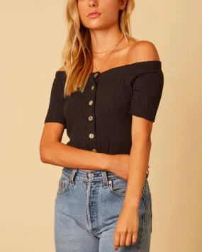 Cotton Candy LA - Button Up Knit Off the Shoulder Crop Top in Black