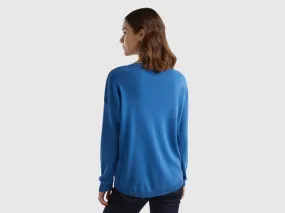 Cotton sweater with round neck - Blue | Benetton