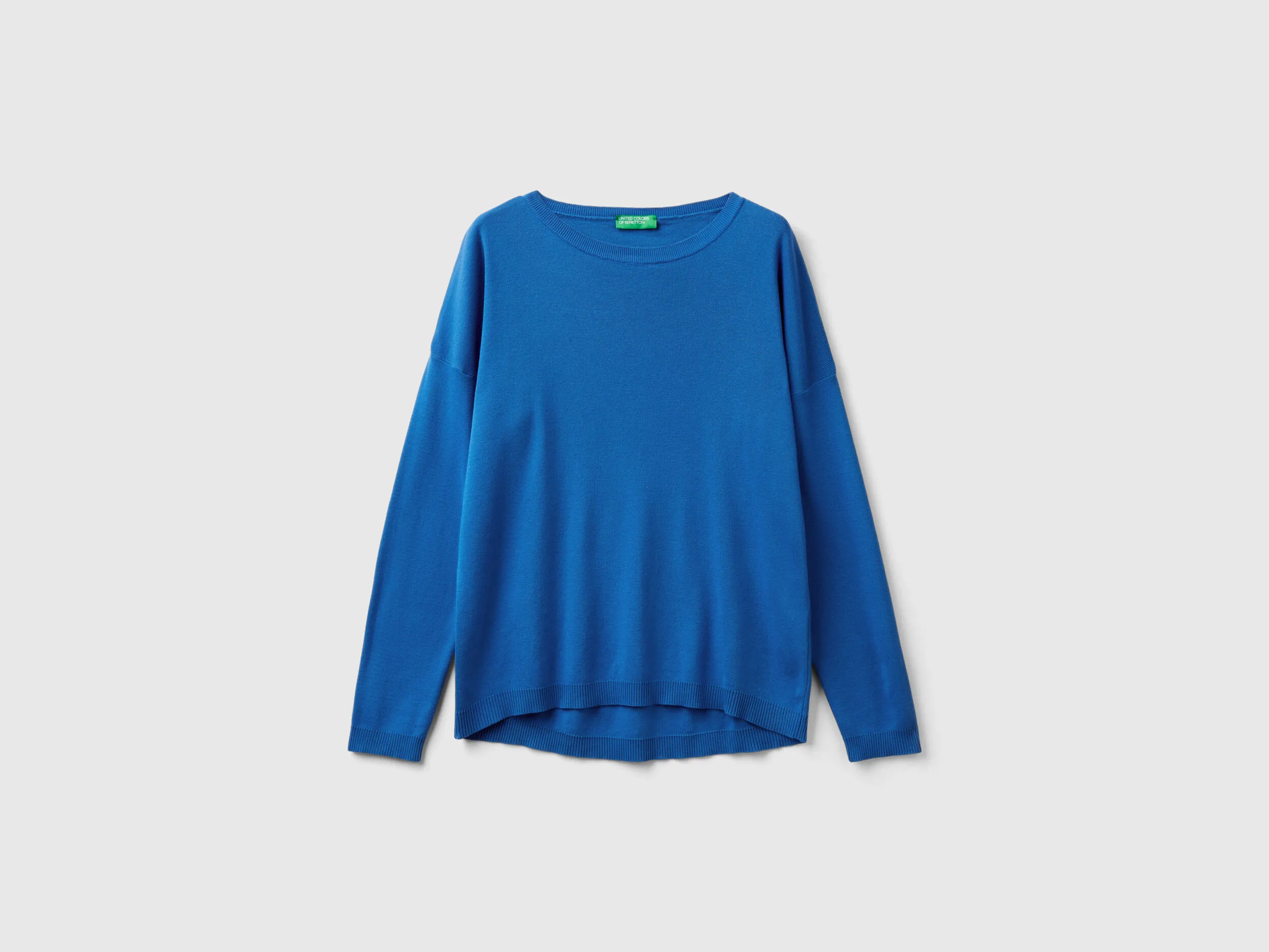 Cotton sweater with round neck - Blue | Benetton