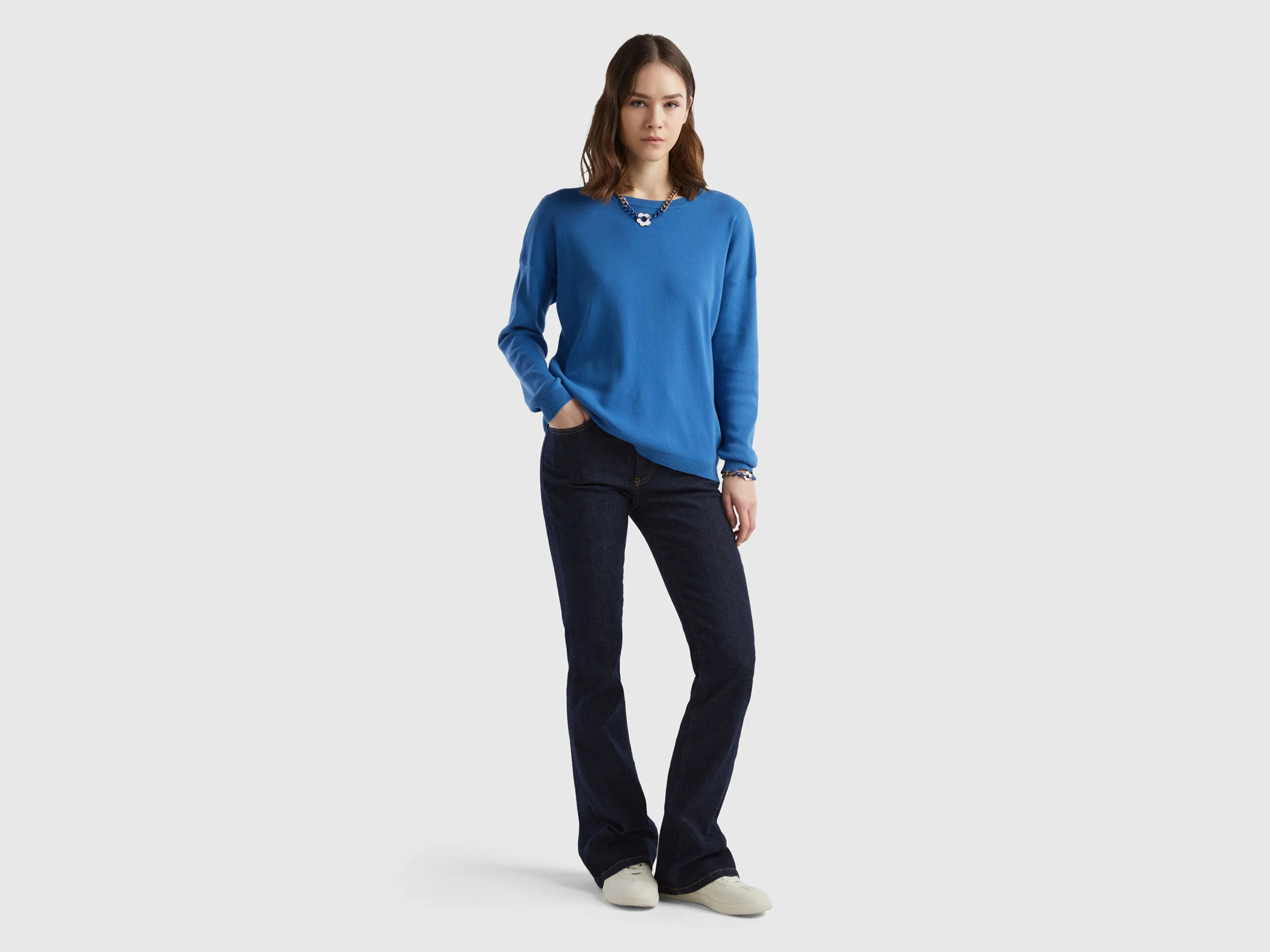 Cotton sweater with round neck - Blue | Benetton