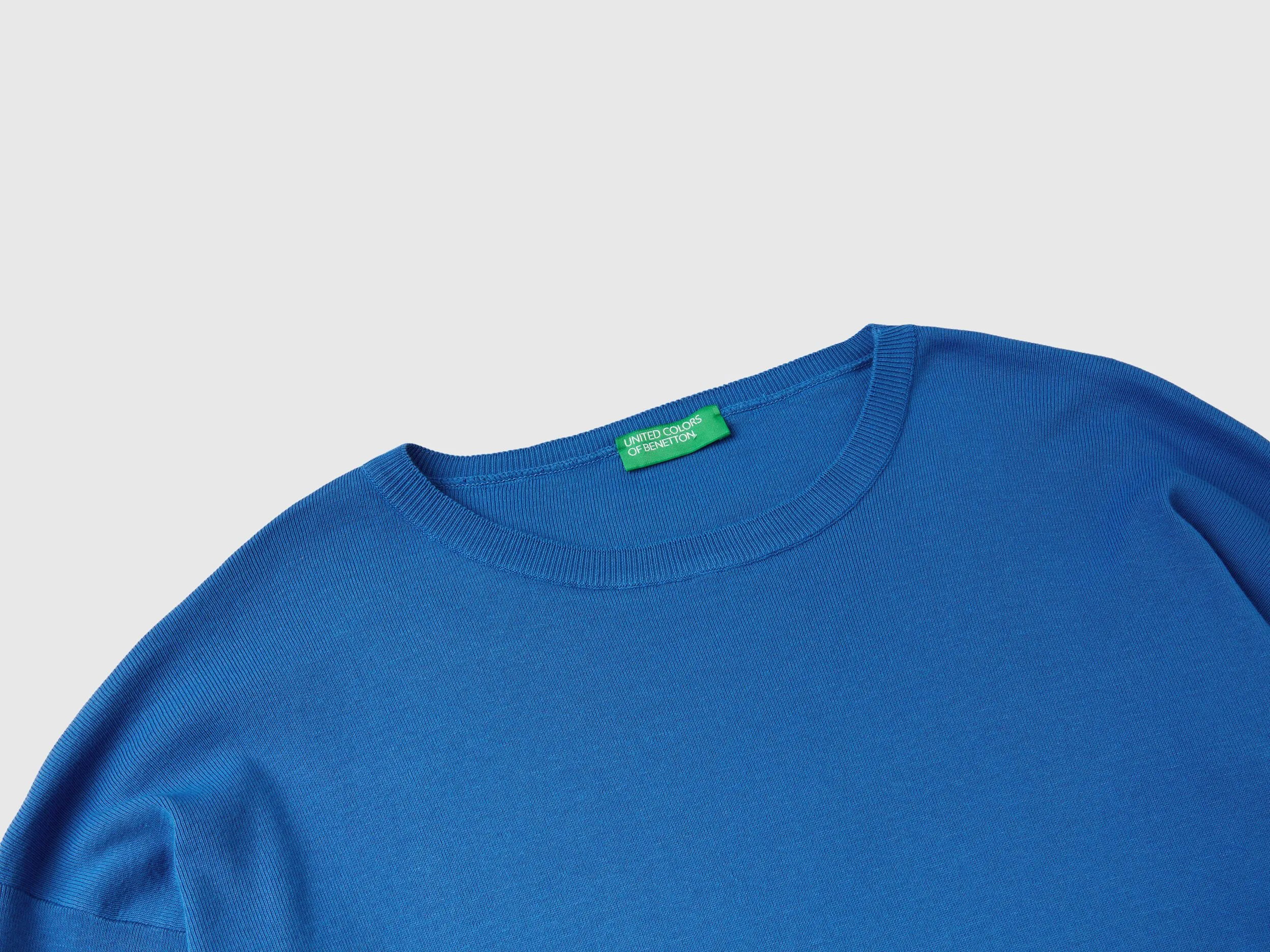 Cotton sweater with round neck - Blue | Benetton