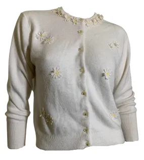 Daisy Chain Applique Trimmed White Orlon Cardigan Sweater circa 1950s