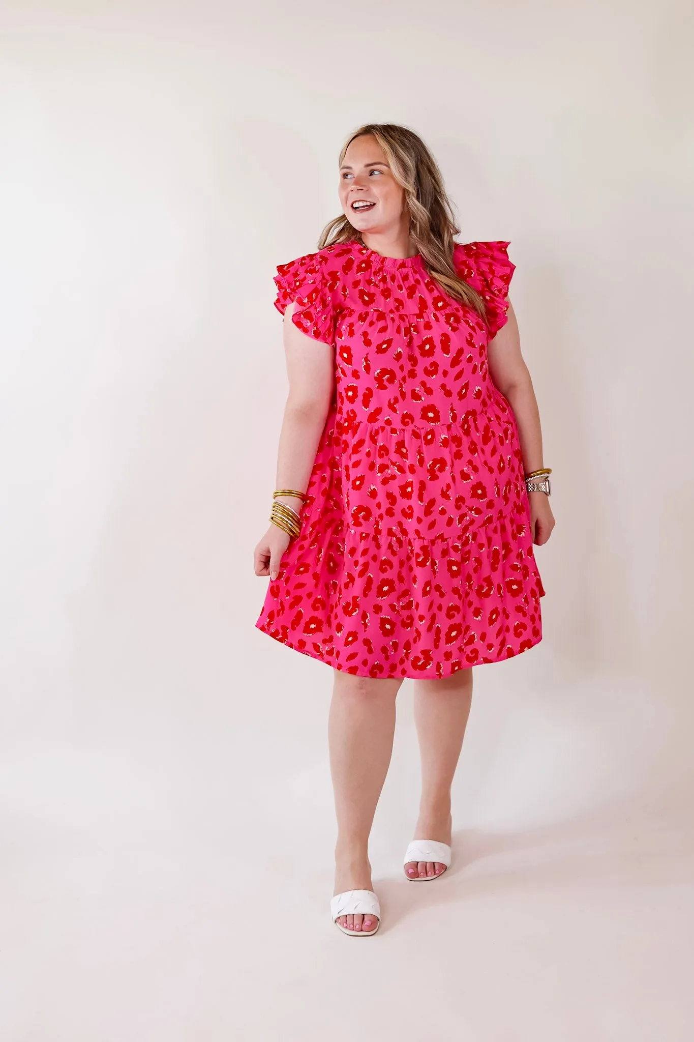 Daring and Delightful Leopard Print Dress with Ruffle Cap Sleeves in Pink