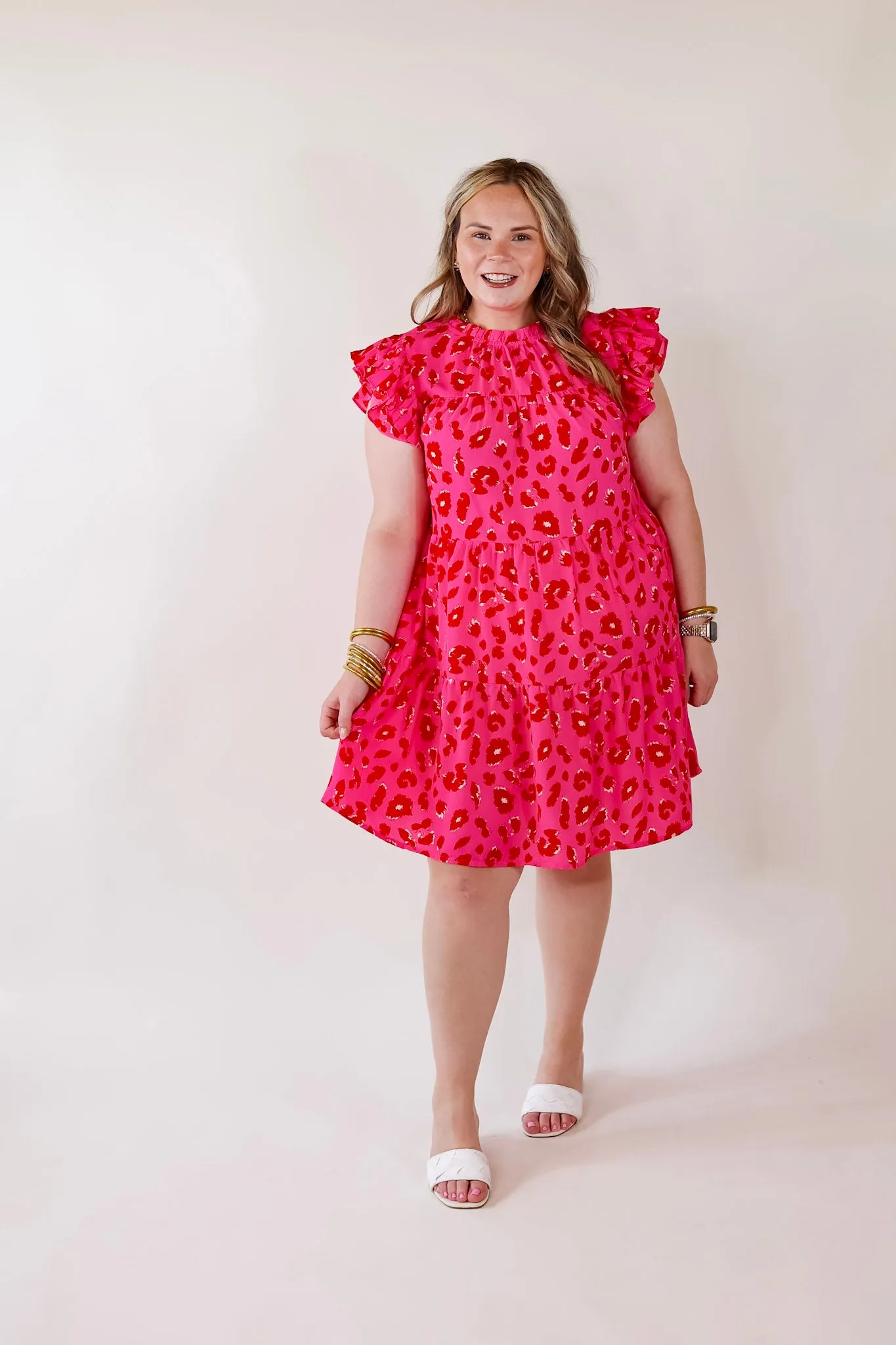 Daring and Delightful Leopard Print Dress with Ruffle Cap Sleeves in Pink