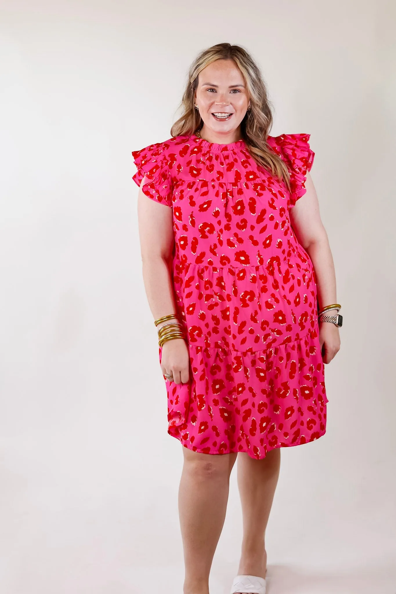 Daring and Delightful Leopard Print Dress with Ruffle Cap Sleeves in Pink