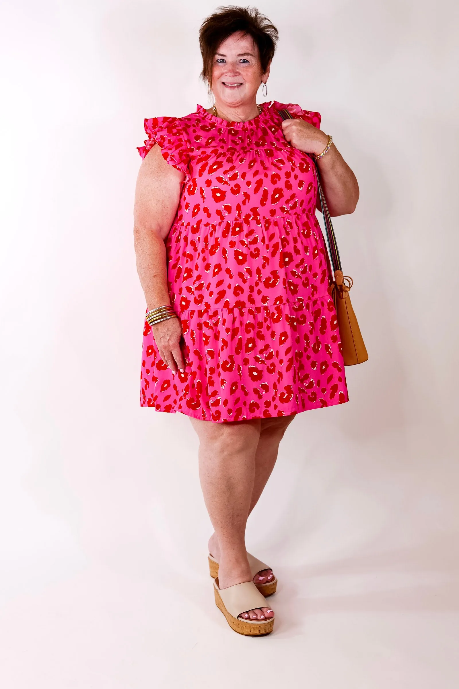 Daring and Delightful Leopard Print Dress with Ruffle Cap Sleeves in Pink