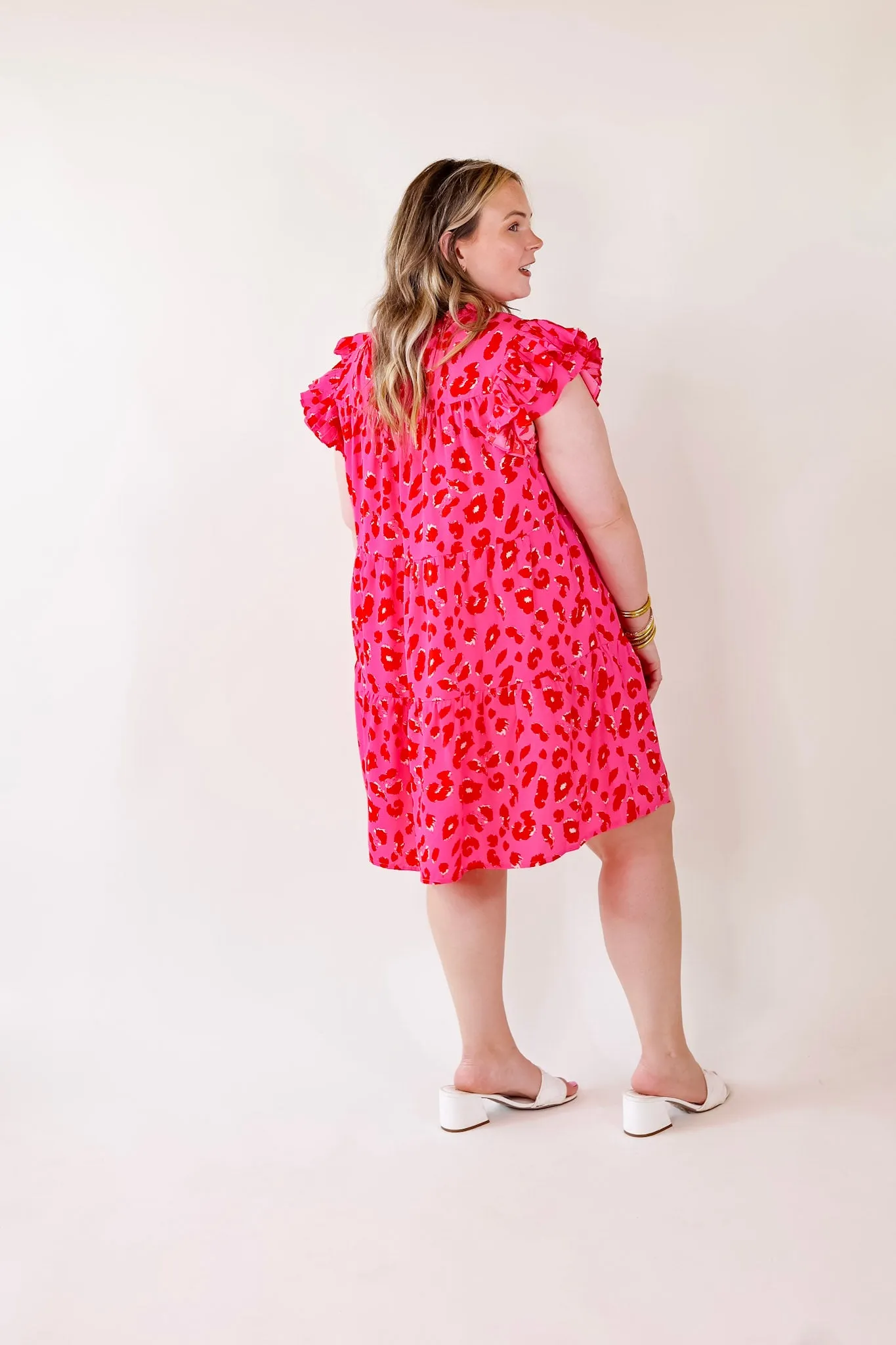 Daring and Delightful Leopard Print Dress with Ruffle Cap Sleeves in Pink