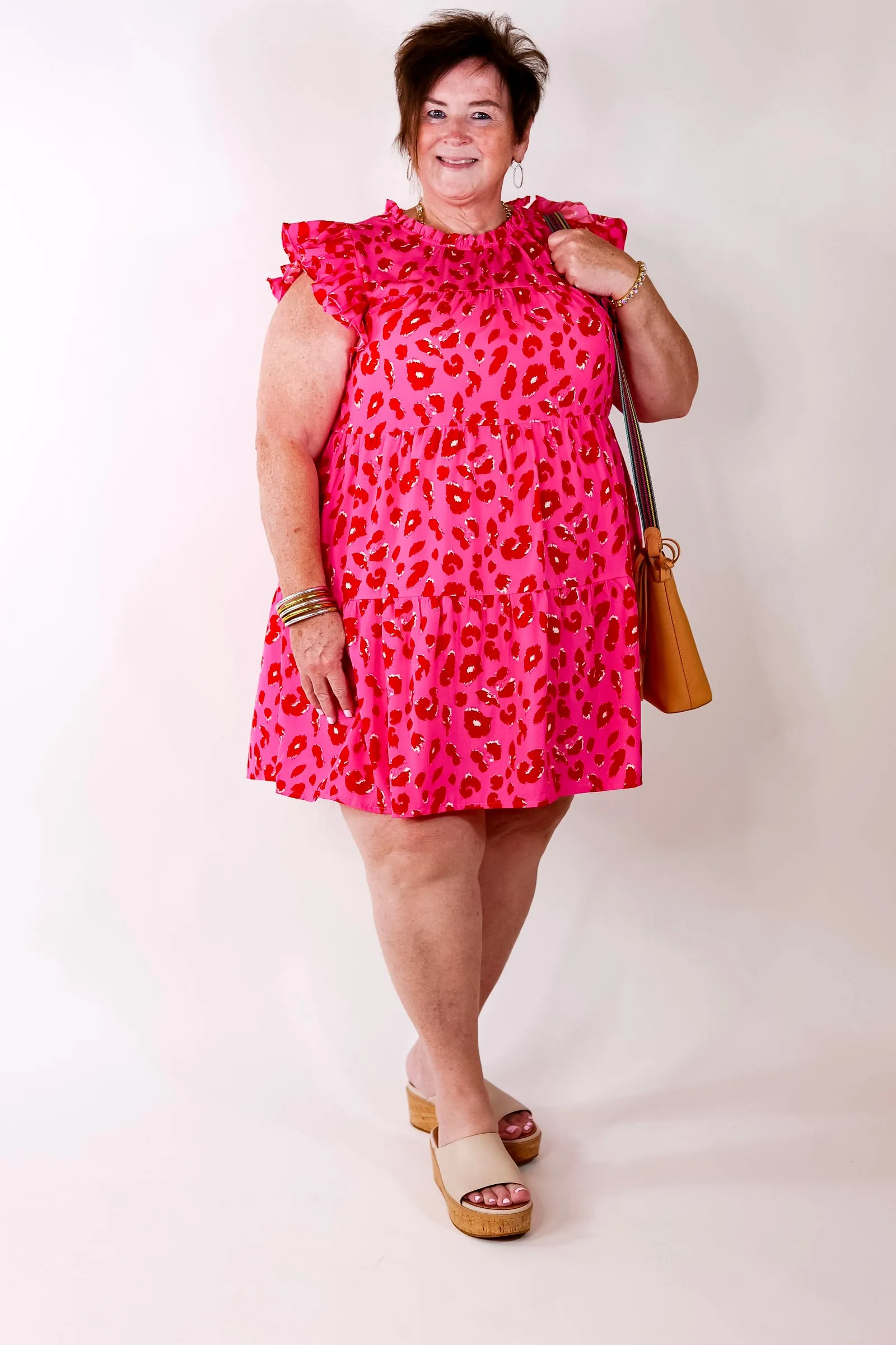 Daring and Delightful Leopard Print Dress with Ruffle Cap Sleeves in Pink