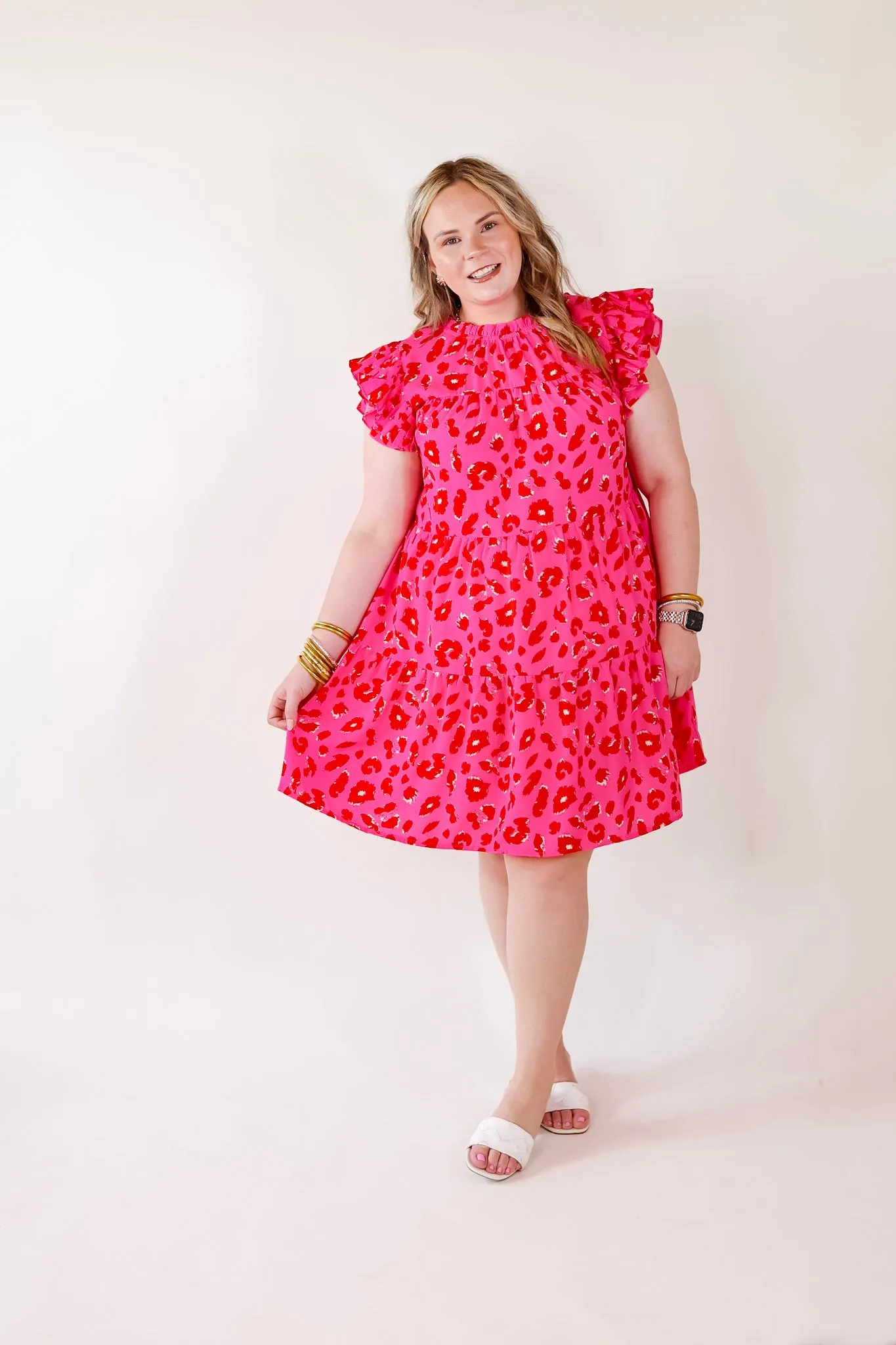 Daring and Delightful Leopard Print Dress with Ruffle Cap Sleeves in Pink