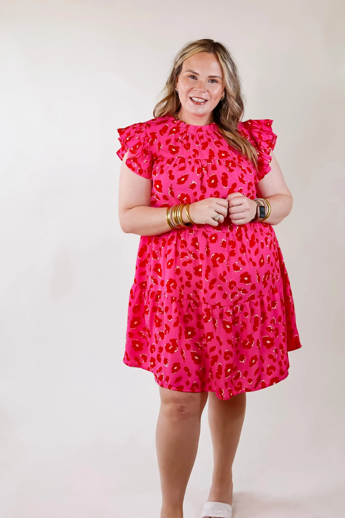 Daring and Delightful Leopard Print Dress with Ruffle Cap Sleeves in Pink