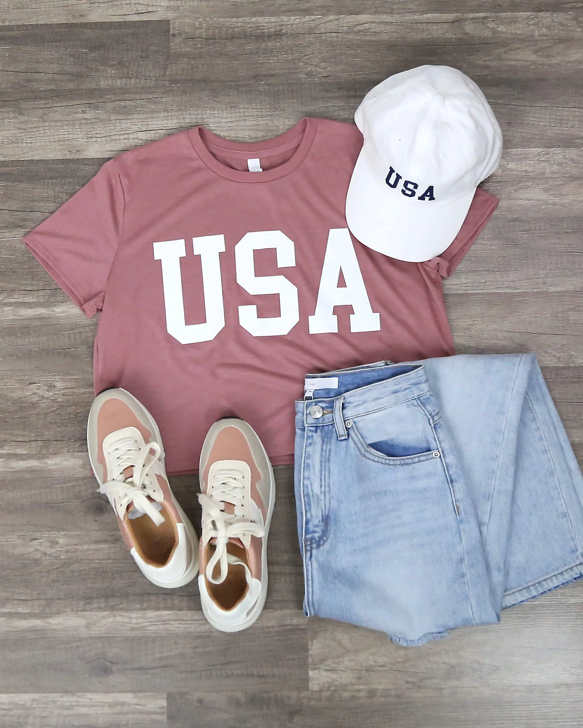 Distracted - USA Crop Top Graphic Tee in Mauve/White