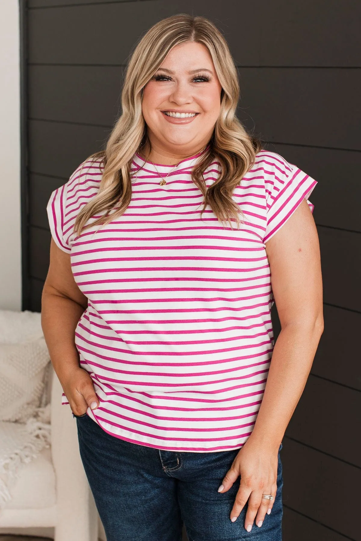 Easily Infatuated Striped Top- Ivory & Magenta