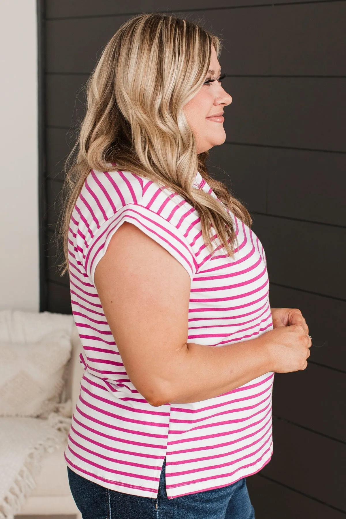 Easily Infatuated Striped Top- Ivory & Magenta