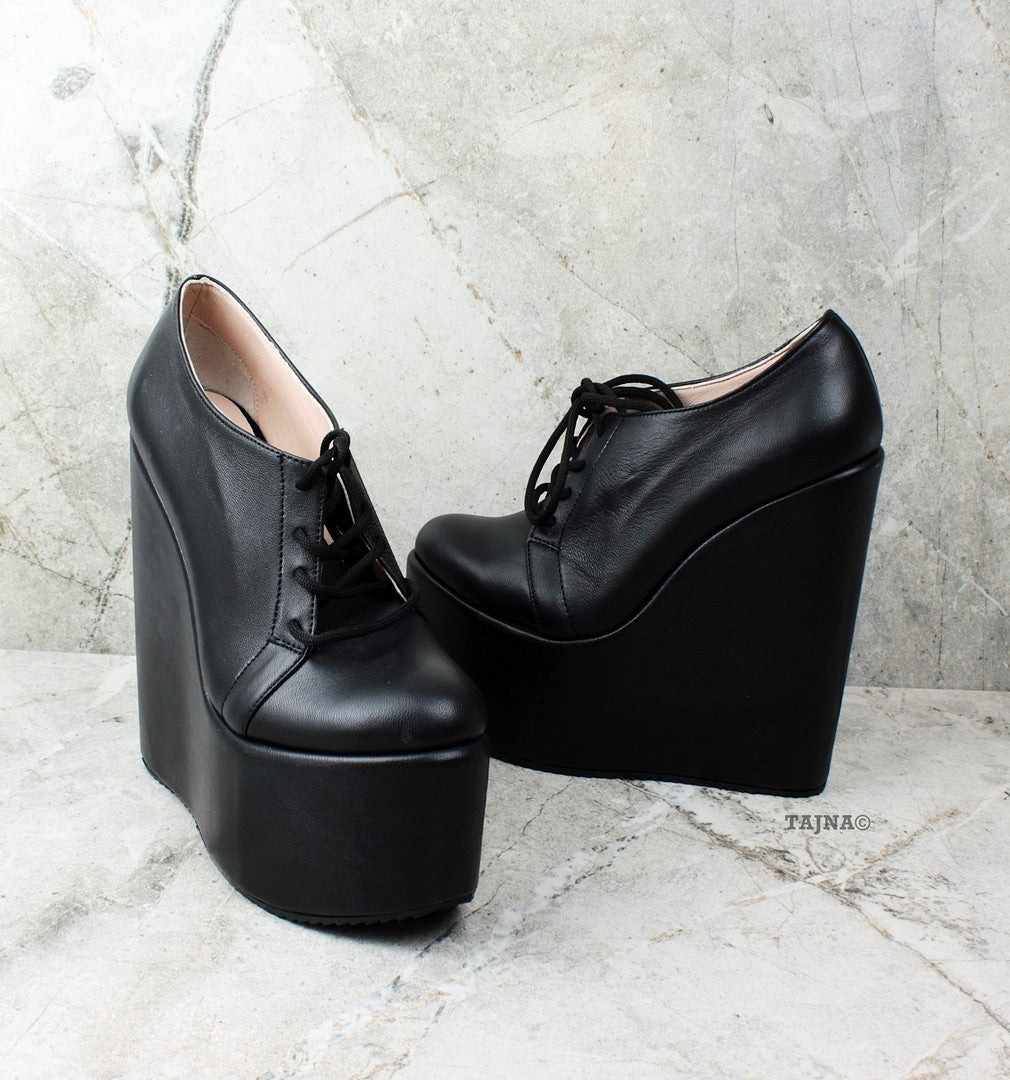 Genuine Leather Black Wedges Lace Up Platforms