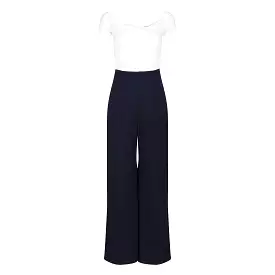 Ivory Bardot Top and Navy Cropped Trouser-suit