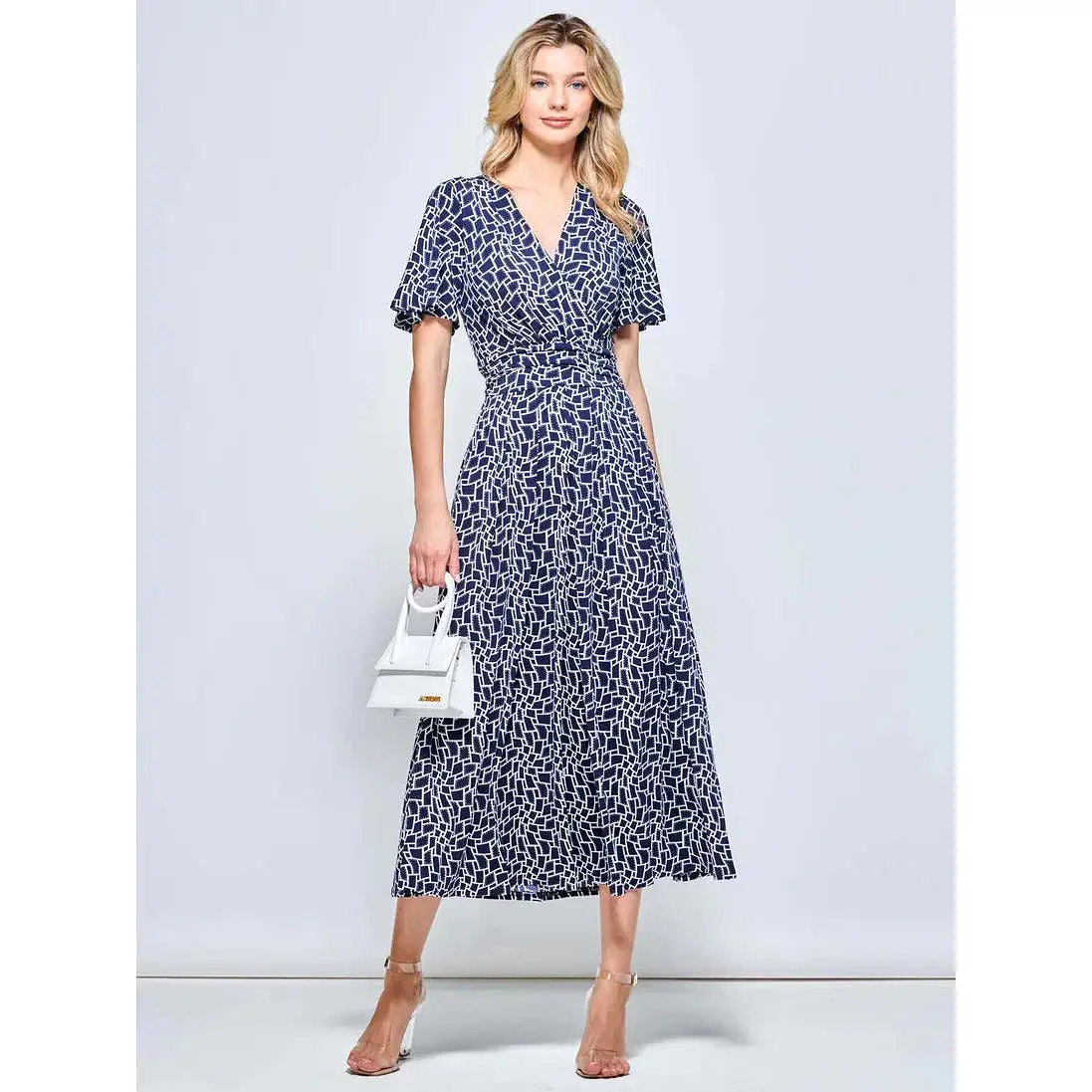 Jolie Moi Angel Sleeve Navy Geometric Print Dress