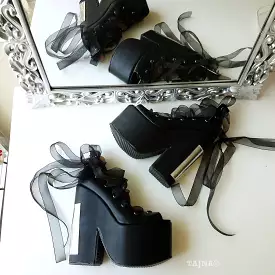 Lace Up Black Balerinas Platform Wedge Shoes