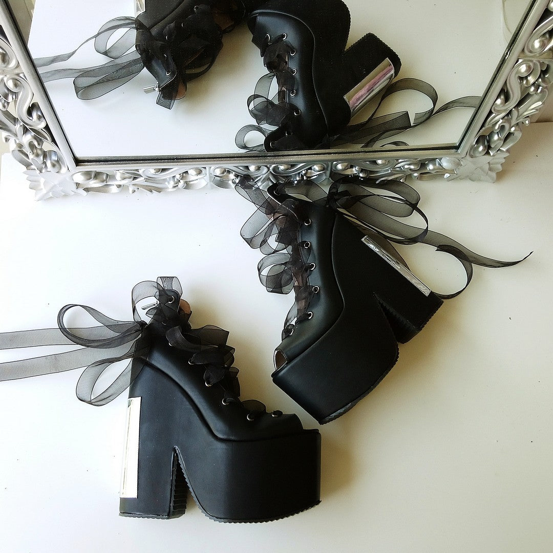 Lace Up Black Balerinas Platform Wedge Shoes