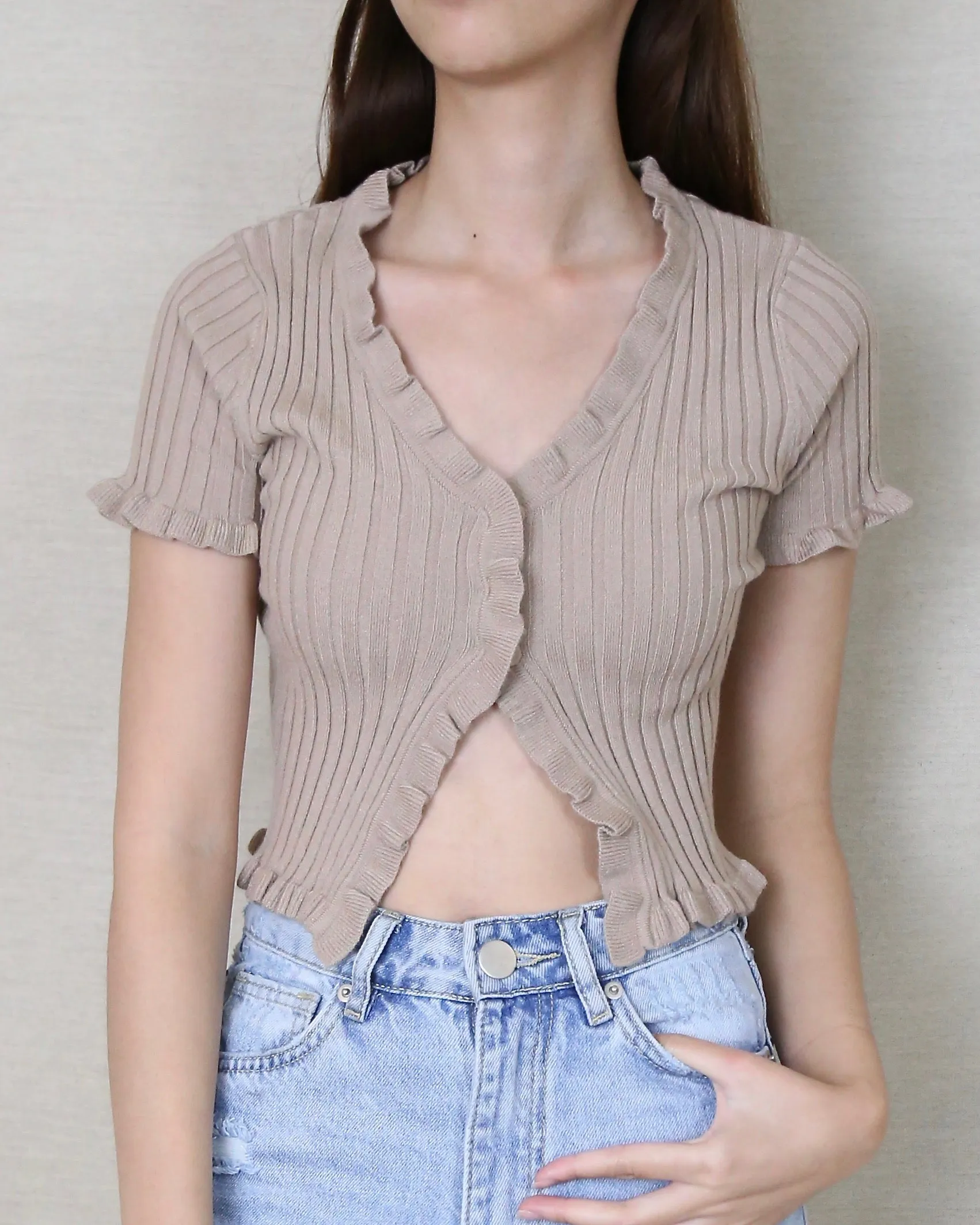 Layla Lettuce Hem Knit Crop Top in Taupe