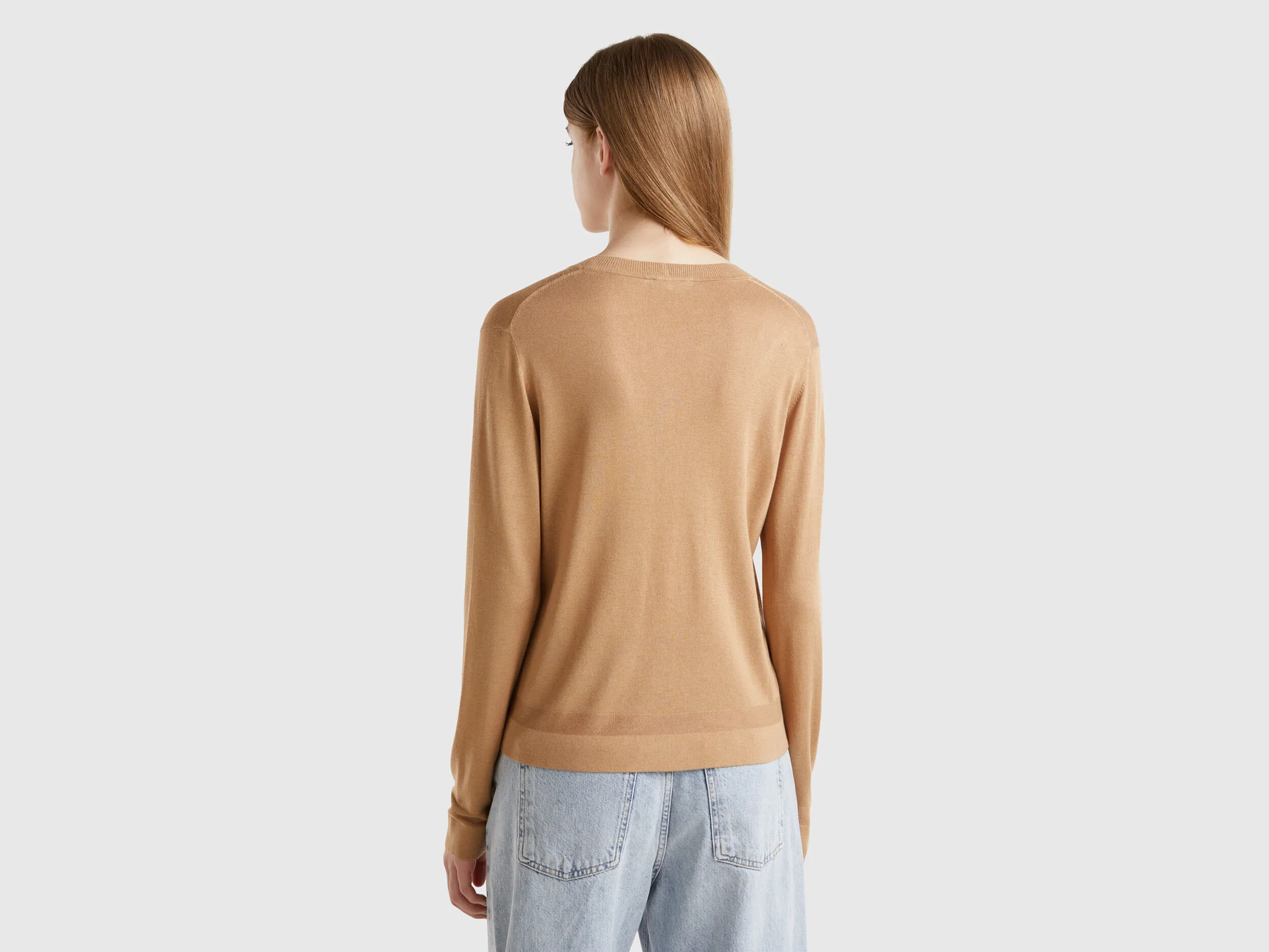 Long sleeve sweater in silk blend - Camel | Benetton