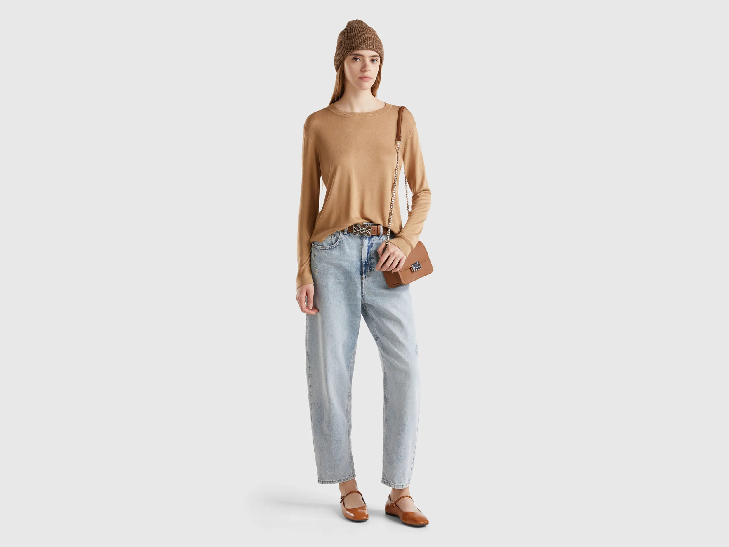 Long sleeve sweater in silk blend - Camel | Benetton