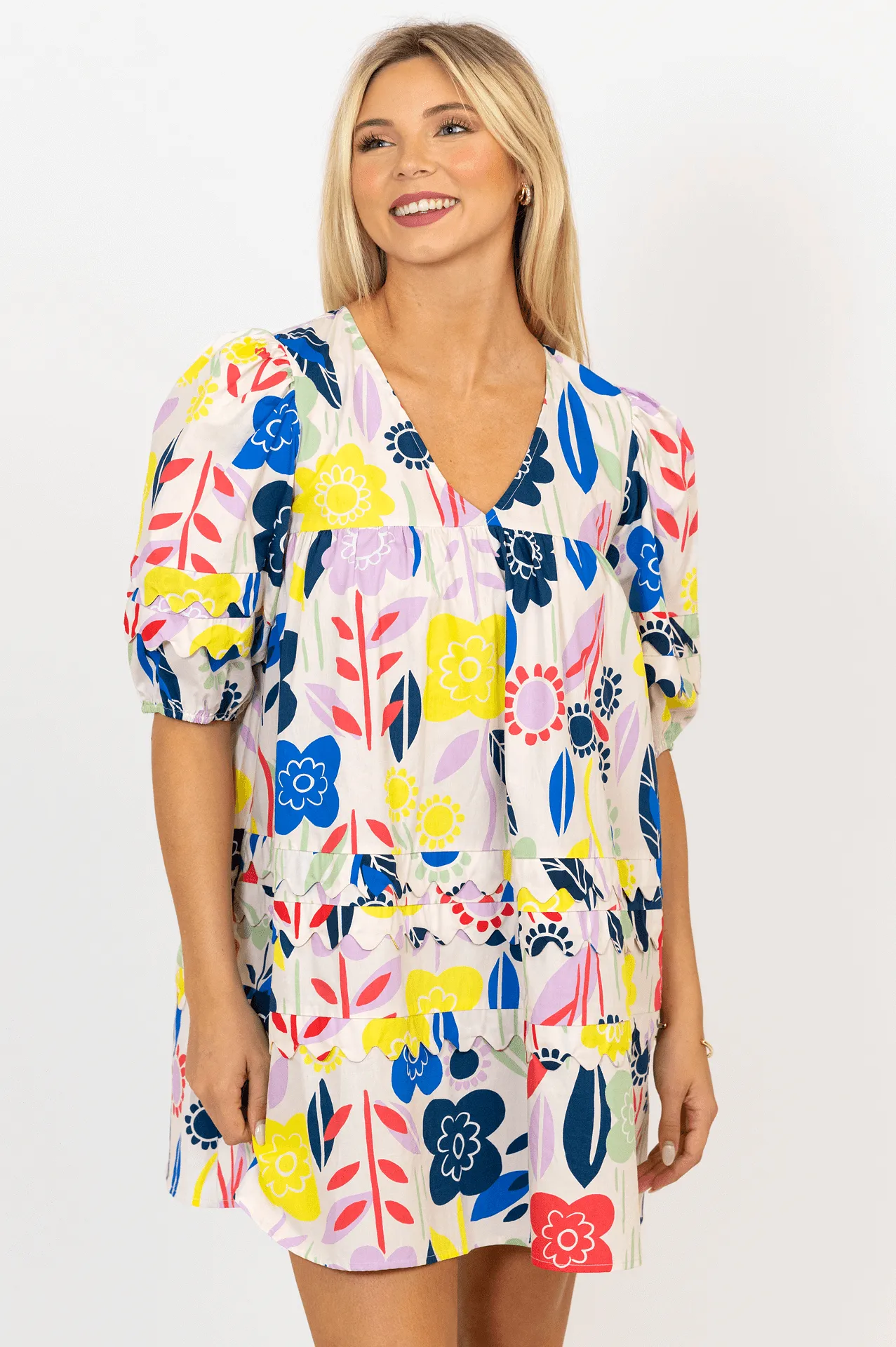 Multi Abstract Vneck Scallop Dress