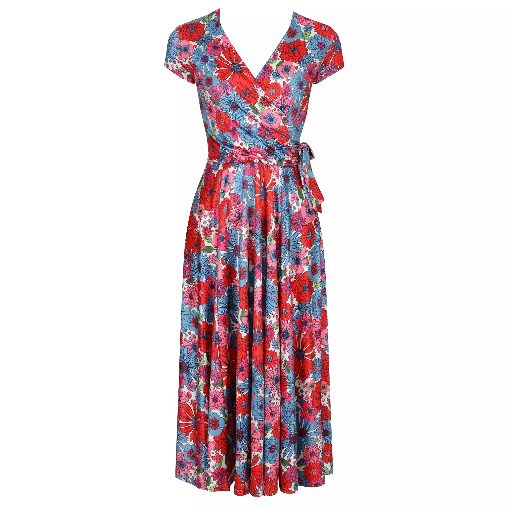 Multi Red Blue Floral Print Cap Sleeve Crossover Top Swing Dress