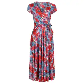 Multi Red Blue Floral Print Cap Sleeve Crossover Top Swing Dress