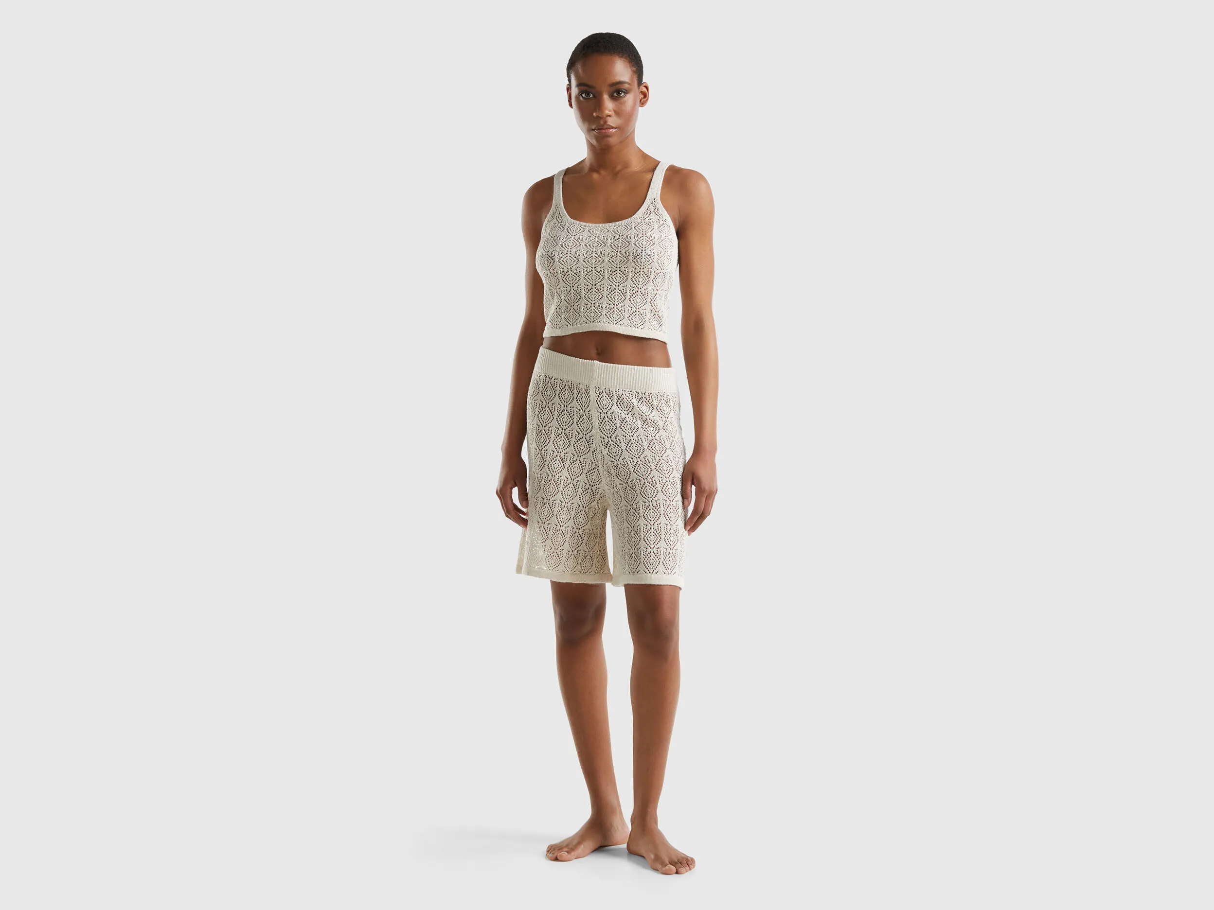 Open-knit crop top - Creamy White | Benetton